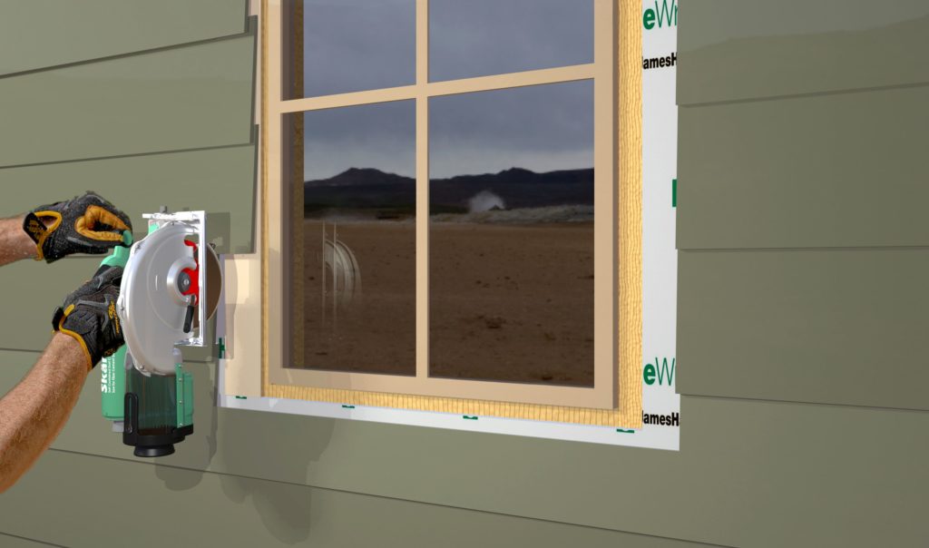 Illustration showing the siding being cut away for window trim using a new dust collecting saw.