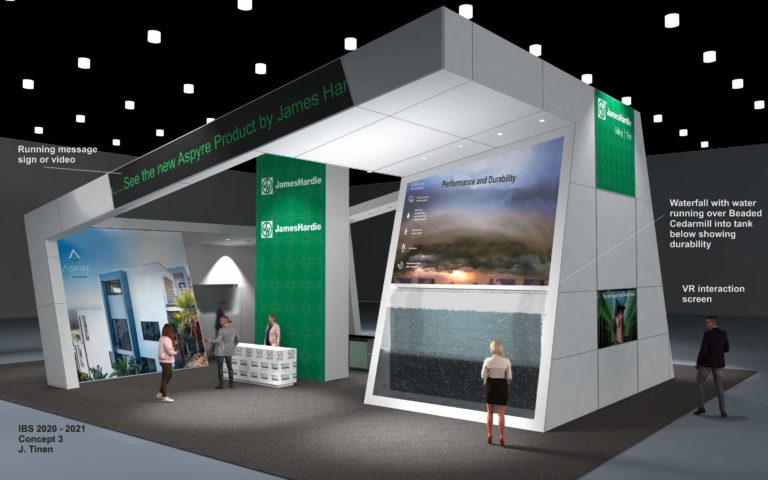 A design concept rendering of the front of the James Hardy trade show booth, International Builders Show (IBS) 2020.