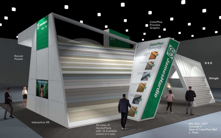 A concept rendering of the ColorPlus section of the James Hardy trade show booth, International Builders Show (IBS) 2020.