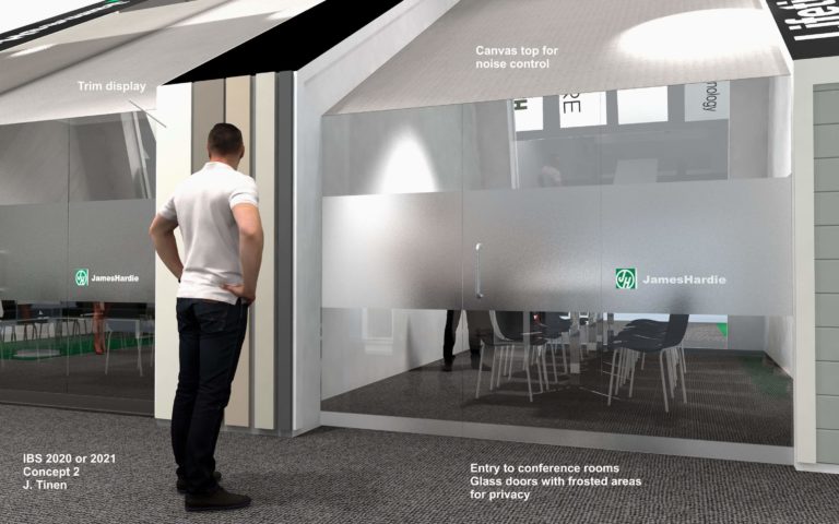 A concept rendering of the entrance to the board room for the James Hardy trade show booth, International Builder's Show (IBS) 2020.