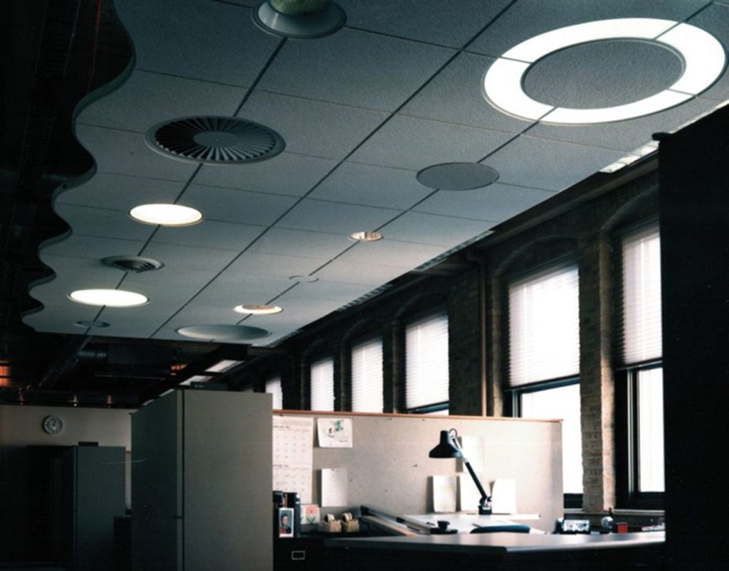 Suspended ceiling system with grid circles at different intersections for lighting, air diffusers, and accents. Kit of parts would include pre-cut ceiling panels to fit.