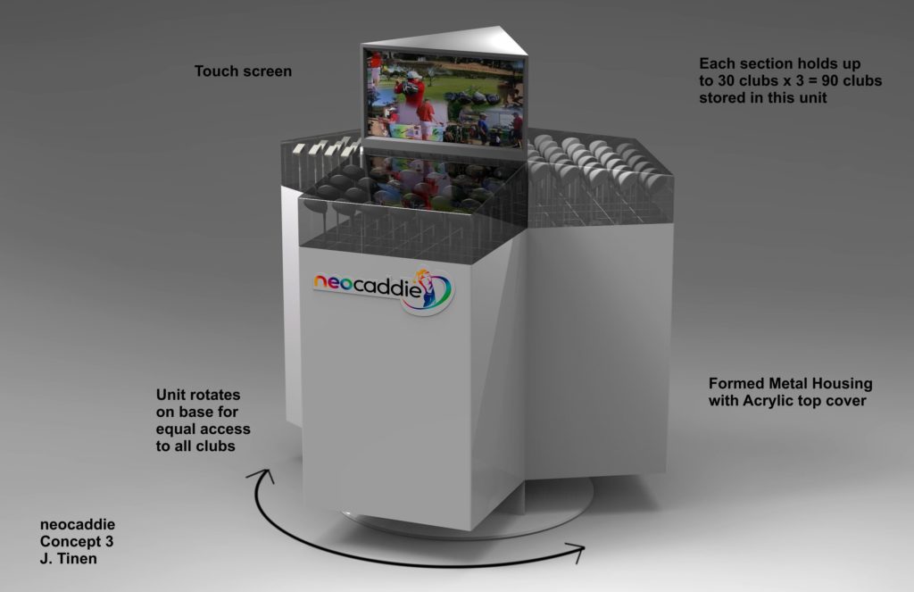 Concept rendering of a unit that dispenses golf clubs for rental or purchase.