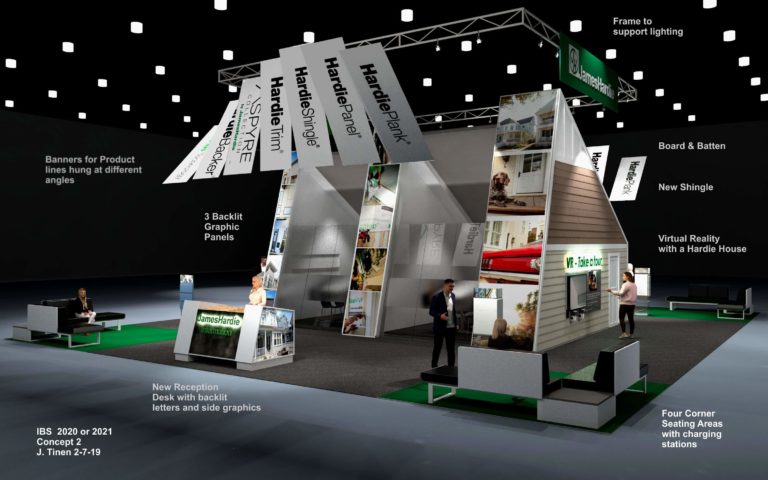 A concept rendering of the front of the James Hardy trade show booth, International Builders Show (IBS) 2020.